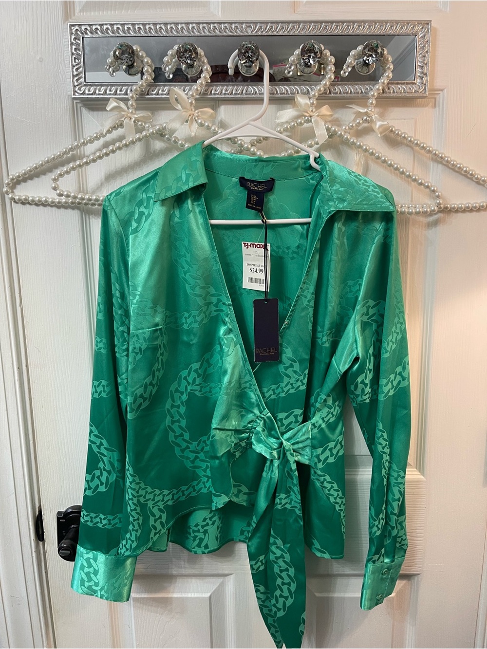RACHEL Rachel Roy Emerald Green Satin Tie-Front Blouse